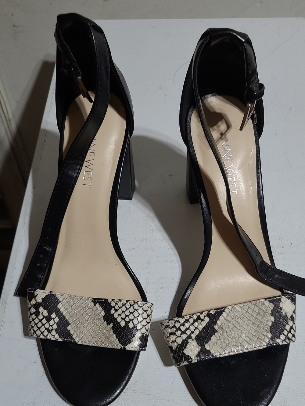 Nine West Black Heels with Snake-Print Front Strap